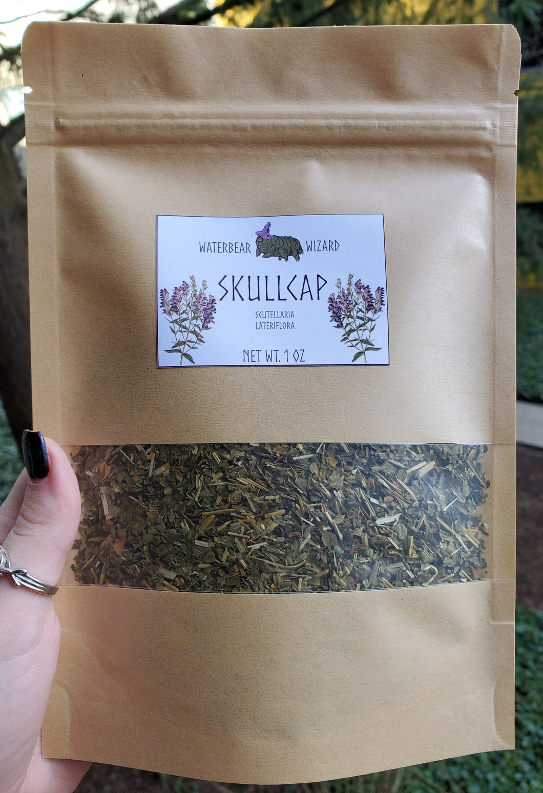 1 ounce organic skullcap in a kraft bag with clear window